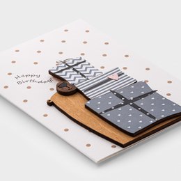  Handmade 3D wooden birthday card with gift boxes, striped pattern, polka dots, celebration design.