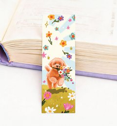 Colorful bookmark with a cute Labradoodle dog surrounded by flowers and leaves. The bookmark features a whimsical, nature-inspired design that would be perfect for book lovers.