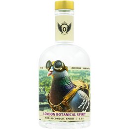  Clear glass bottle, golden cap, botanical spirit, duck illustration, herbal botanicals, non-alcoholic gin alternative, premium spirits.