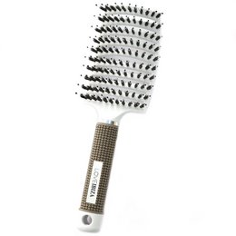 White anti-tangle hair brush with bristles for detangling and smoothing hair.