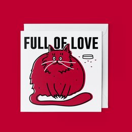 Whimsical animal greeting card with a cute, fluffy red creature surrounded by hearts, conveying a message of love.