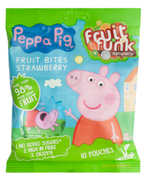 Strawberry-flavored fruit gummies featuring Peppa Pig character. Packaged in 10 individual pouches.