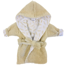  Soft, plush bathrobe with a hooded design. Made of cozy, absorbent terry cloth material in a neutral beige color. Features a belted waist for a comfortable, customized fit.