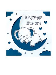  Adorable baby elephant on a crescent moon with "Welcome little one" text. Available in various colors including camel, dark blue, pink, turquoise, and brown.
