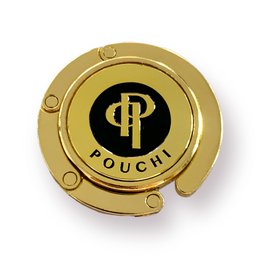  Gold-colored circular device with the "POUCHI" logo, designed to hold and secure a mobile device or bag.