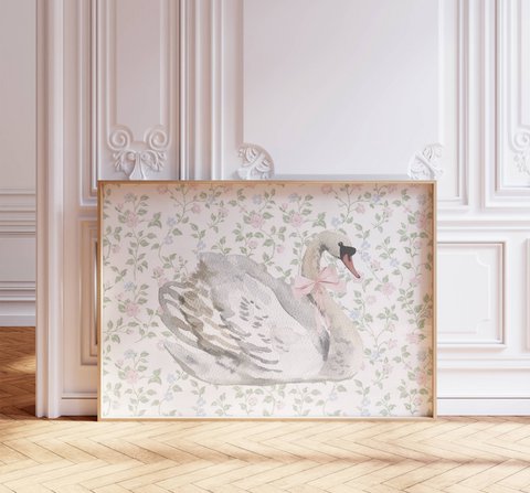 Swan with pink bow poster, vintage swan poster, Pink bow print, girls bow poster, pink girls room poster, girls nursery poster