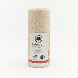 Handmade deodorant stick in a grass paper tube, with a woody and warm cedar orange fragrance. Vegan and natural ingredients.