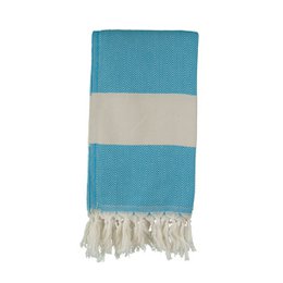Turquoise and ivory striped hammam towel with tasseled edges.