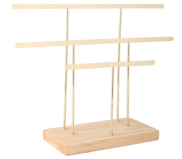  Gold-toned earrings rack with multiple tiers for organized jewelry storage and display.