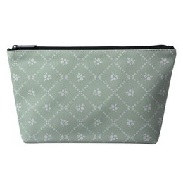 A green and white toiletry bag with a floral pattern, measuring 26x6x16 cm.