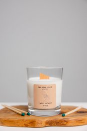 Palo Santo scented soy wax candle with concrete lid, natural and earthy aroma.