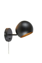  A modern black wall light with a spherical shade and adjustable arm. The light has a sleek, minimalist design that would complement a variety of interior styles.