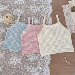  "Kids sleeveless ribbed tank top, blue pink ivory, daisy flower pattern, sizes 12M-5Y"