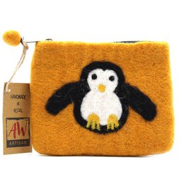 Cute felt zipper pouch with penguin design, perfect for kids. Made of soft, natural felt material in a vibrant orange color.