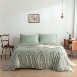  Sage green bamboo bedding set, 400TC Tanboocel, available in multiple sizes from twin to California king. Includes duvet cover, fitted sheet, and pillowcases.