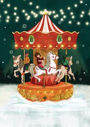  Festive carousel with colorful horses and holiday decorations. Includes a red and white striped canopy, twinkling lights, and a snowy background.