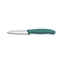 Green-handled serrated paring knife, 8cm blade, for chopping and slicing tasks in the kitchen.