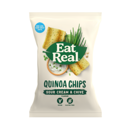 Quinoa chips with sour cream and chives flavor. Made with real quinoa, gluten-free, and vegan.
