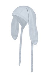  A blue children's hat with ear flaps, suitable for ages 6-12 months and 2-3 years.