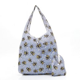 Gray recycled nylon shopper bag with a repeating pattern of yellow and black bees.