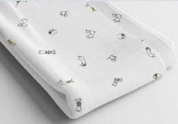  Soft, 100% cotton muslin baby blanket with a fun dachshund print pattern. Ideal for swaddling, strolling, or tummy time.