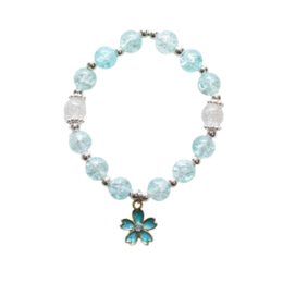  A beaded bracelet with blue peony-shaped beads and a floral charm.

The beaded bracelet features round, light blue beads with a peony-like pattern. The bracelet also includes a small floral charm. The beads appear to be made of a semi-precious stone or glass material, creating a delicate and feminine aesthetic.