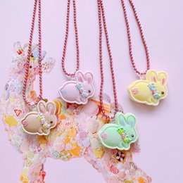 Colorful bunny-shaped necklaces with intricate details and designs, perfect for kids. The necklaces feature a variety of pastel colors and patterns, including hearts, flowers, and other whimsical elements.