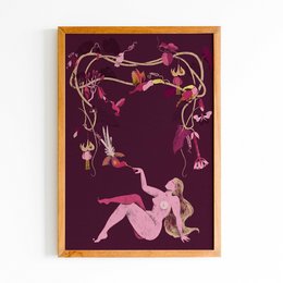 "Garden of Eden" wall art featuring a nude female figure surrounded by abstract floral elements in shades of pink and purple.

The image depicts a surreal, artistic interpretation of the "Garden of Eden" theme. The central focus is a nude female figure, rendered in a stylized, abstract manner, suspended amidst a lush, organic arrangement of floral and plant-like elements in vibrant shades of pink and purple. The overall composition has a dreamlike, ethereal quality, evoking a sense of nature, femininity, and the human form.

This wall art would be suitable for a variety of home decor settings, particularly those with a modern, artistic, or nature-inspired aesthetic. The abstract, symbolic nature of the imagery allows for broad interpretations and could appeal to a wide range of consumers interested in unique, visually striking artwork for their living spaces.