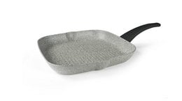 A square, gray grill pan with a black handle. The pan appears to be made of a durable, non-stick material suitable for induction cooking.