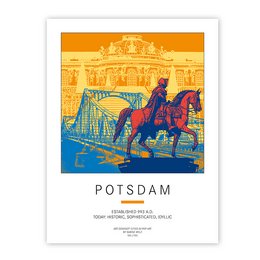 Colorful poster depicting a horse-drawn carriage in front of a grand palace-like building, with a bridge in the background. The poster showcases the architectural and historical elements of Potsdam, Germany.