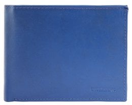 Blue genuine leather men's wallet, compact 12x10cm size, multiple card slots, coin pocket, bifold design.