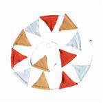 Colorful party bunting with triangular flags in various shades of orange, yellow, and white.