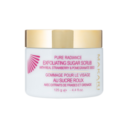 Exfoliating sugar scrub with a pink and white color scheme. The product is designed for body exfoliation and contains sugar as the main exfoliating ingredient.