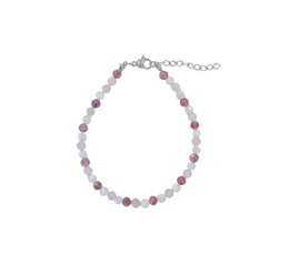 Silver bracelet with rose quartz, moonstone, and lepidolite beads.