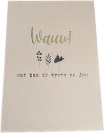 A gold foil "Wauw!" card with a floral design, perfect for a birthday celebration.