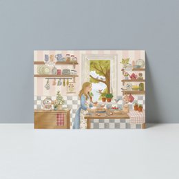  Whimsical postcard with a child climbing a ladder to reach the moon, surrounded by stars and clouds. Suitable for sending to loved ones.