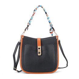  Black and green leather shoulder handbag with colorful patterned straps, orange and brown accents, spacious bucket style.