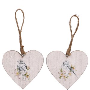 Houten hart Kusel om op te hangen, 2 motieven, D9,5cm, H9cm, wit