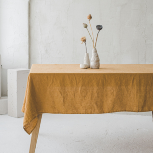 Natürliche Stonewashed-Senf-Leinen-Tischdecke