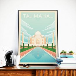 Vintage Taj Mahal Poster | Premium poster Taj Mahal Palace India. This vintage-style poster features the iconic Taj Mahal, a white marble mausoleum located in Agra, India. The poster showcases the symmetrical architecture and gardens of the Taj Mahal, with a vibrant color palette and retro design elements. This wall art would be a beautiful addition to any home or office decor.