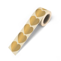 A roll of 500 golden heart-shaped stickers, perfect for gift-giving and crafting.
