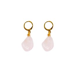  Rose quartz gemstone huggie earrings with gold-tone hardware. Delicate and feminine drop earrings featuring natural rose quartz stones in a unique shape.