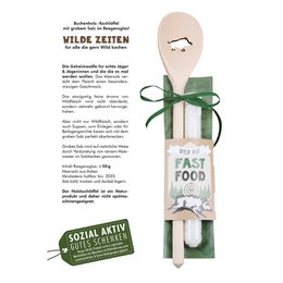  Wooden spoon game on fast food, H.2 cm, Cooking Spoons category. Wooden spoon with green ribbon, "Fast Food" text on packaging.