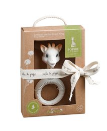 A white giraffe-shaped teething toy with orange spots and a ring for easy gripping. Made of soft, safe materials for baby's comfort and development.