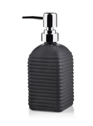 A black, ribbed soap dispenser with a chrome pump, measuring 19cm tall and 7.8cm wide.