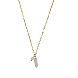 "Rose quartz and moonstone pendant necklace with a delicate gold chain. The pendant features a natural crystal shape and a minimalist design, perfect for everyday wear."