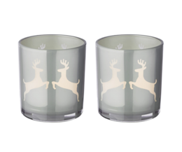 Set of 2 grey tea light glasses with deer silhouette design, height 8 cm, for use as tea light holders.