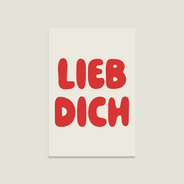 "Lieb dich" love card with bold red text on a white background.