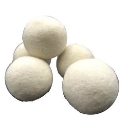 Six round, off-white wool drying balls for use as a natural fabric softener and dryer sheet alternative.