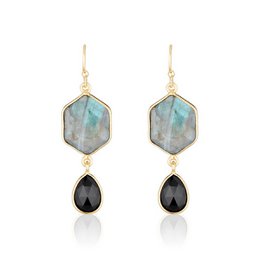 "Labradorite and black onyx drop earrings with a hexagonal shape and teardrop accent."

The earrings feature a hexagonal-shaped labradorite stone with a black onyx teardrop accent. The earrings have a drop style design and are made of gold-toned metal.